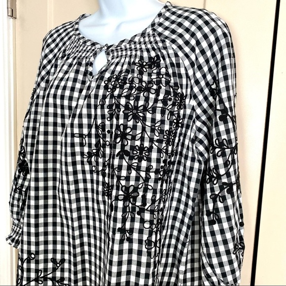 Black White Ginghamcore Prairie Embroidered Cotton Blouse Top Sz 8 Cottagecore - Picture 4 of 11
